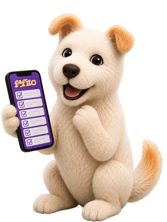 Fofito, o mascote, com o checklist no celular